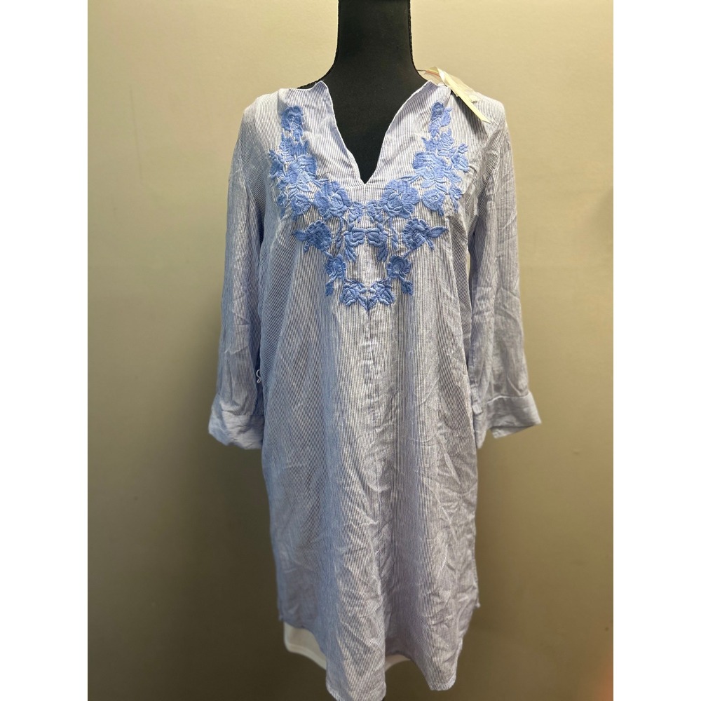 Striped Embroidered Tunic Dress Womens Blue 3/4 Sleeve Casual Summer